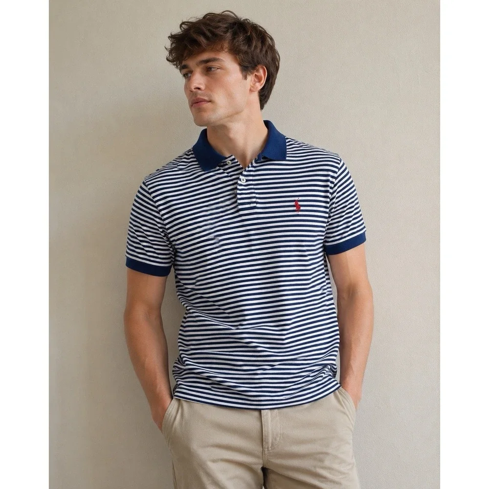 Polo Ralph Lauren Polo Shirt Mens Large Blue Striped Custom Fit Preppy